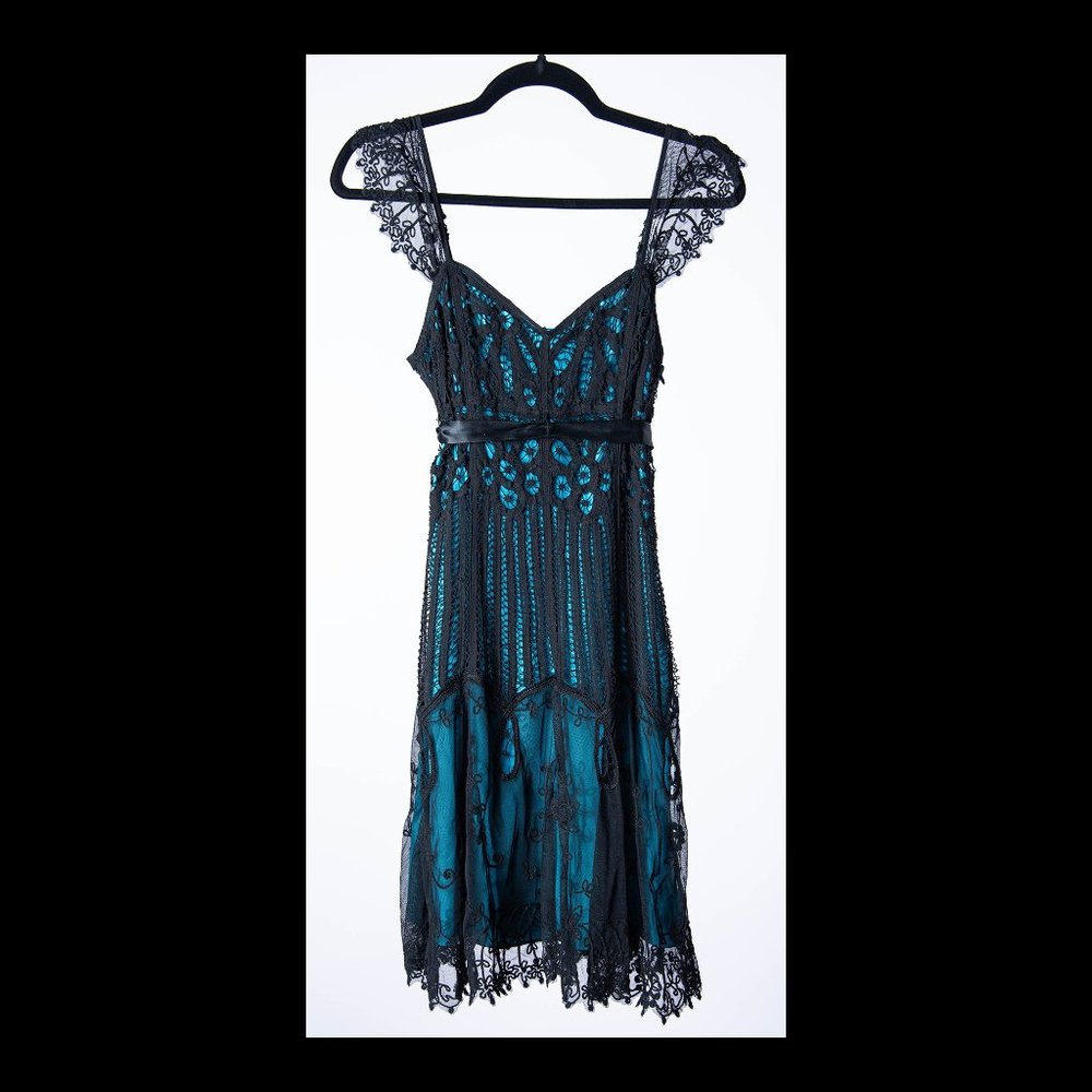 Betsey Johnson Turquoise Black Lace Sleeveless Mini Dress Size 6